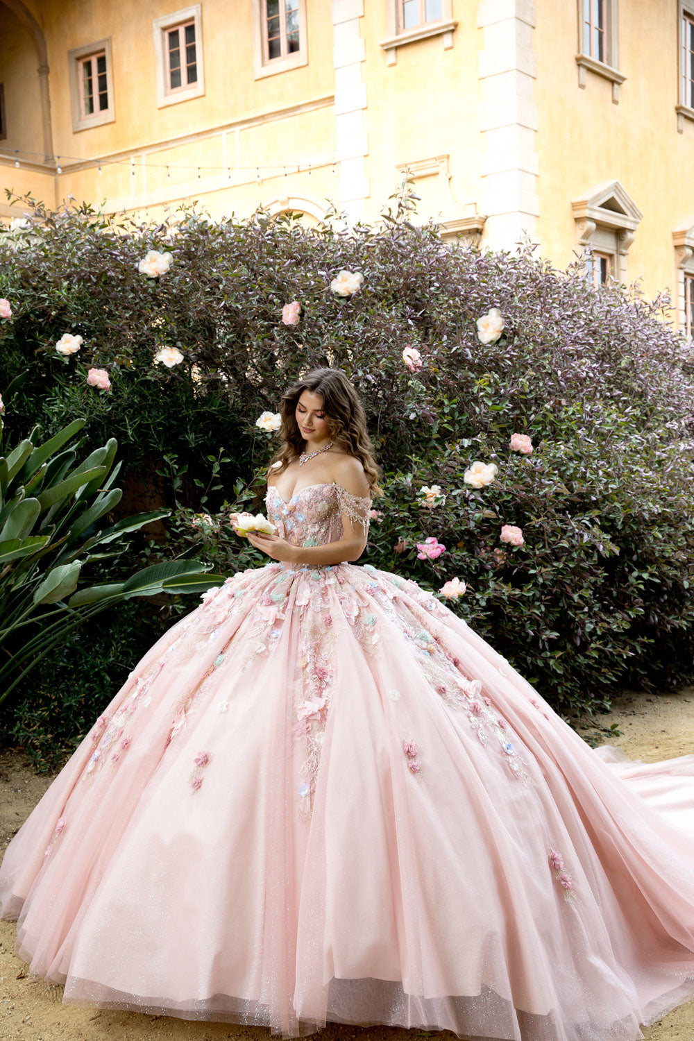3D Floral Off Shoulder Ball Gown by Petite Adele PQ1096