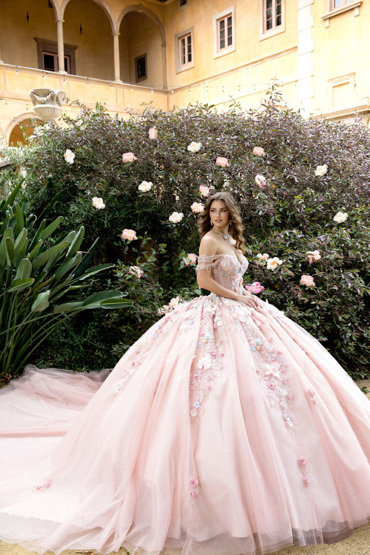 3D Floral Off Shoulder Ball Gown by Petite Adele PQ1096