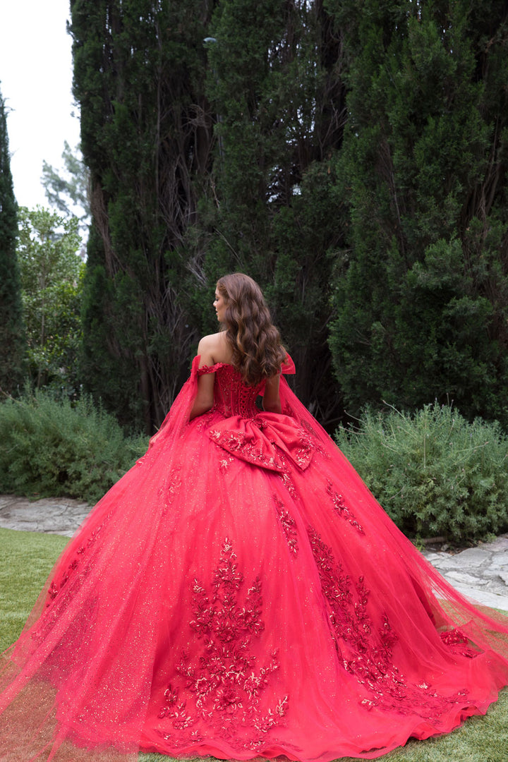 Applique Cape Sleeve Ball Gown by Petite Adele PQ1098
