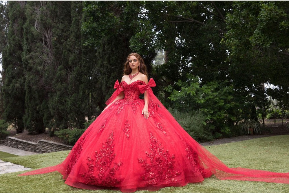 Applique Cape Sleeve Ball Gown by Petite Adele PQ1098