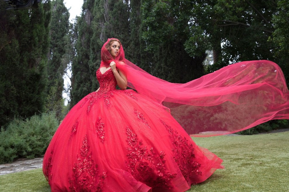 Applique Cape Sleeve Ball Gown by Petite Adele PQ1098