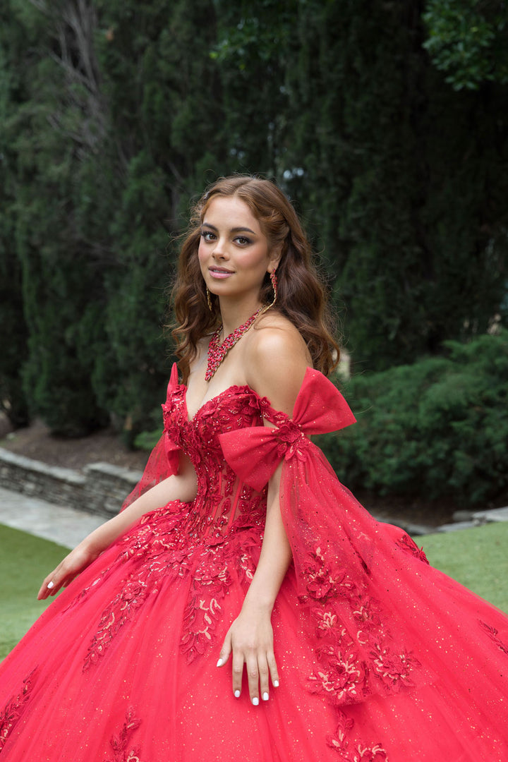 Applique Cape Sleeve Ball Gown by Petite Adele PQ1098
