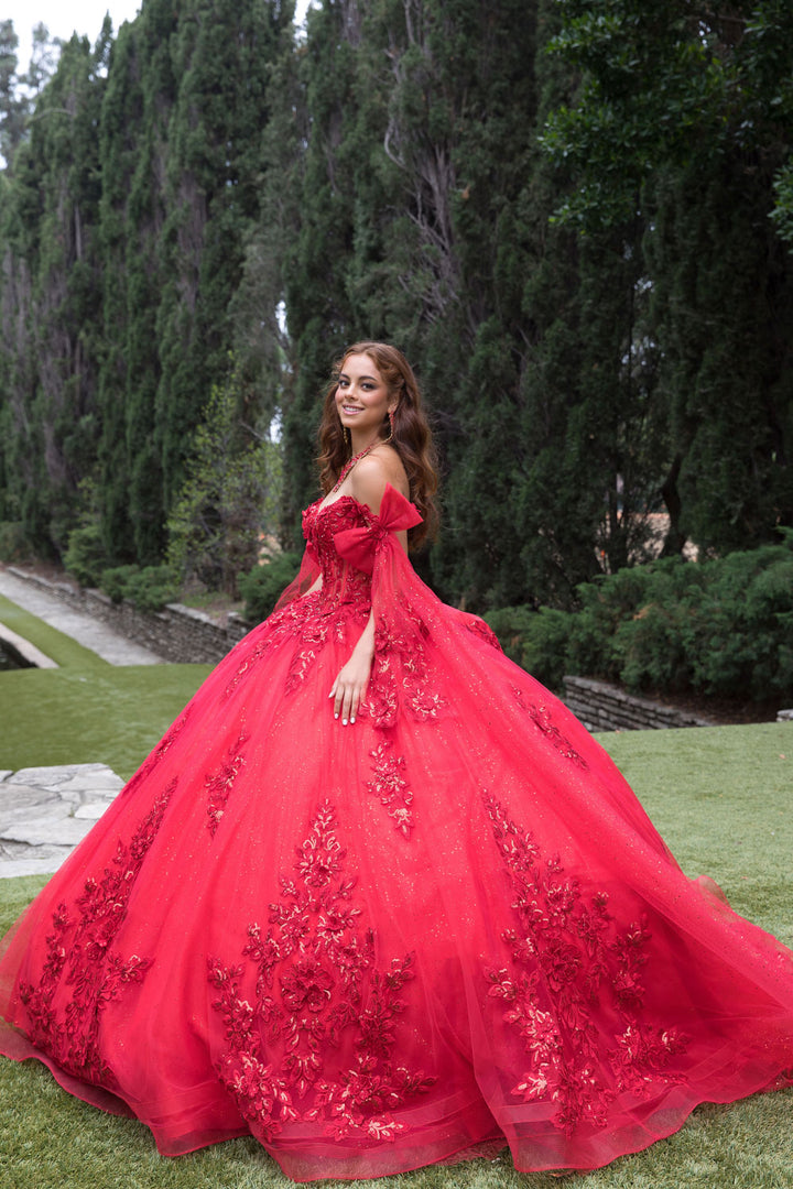 Applique Cape Sleeve Ball Gown by Petite Adele PQ1098