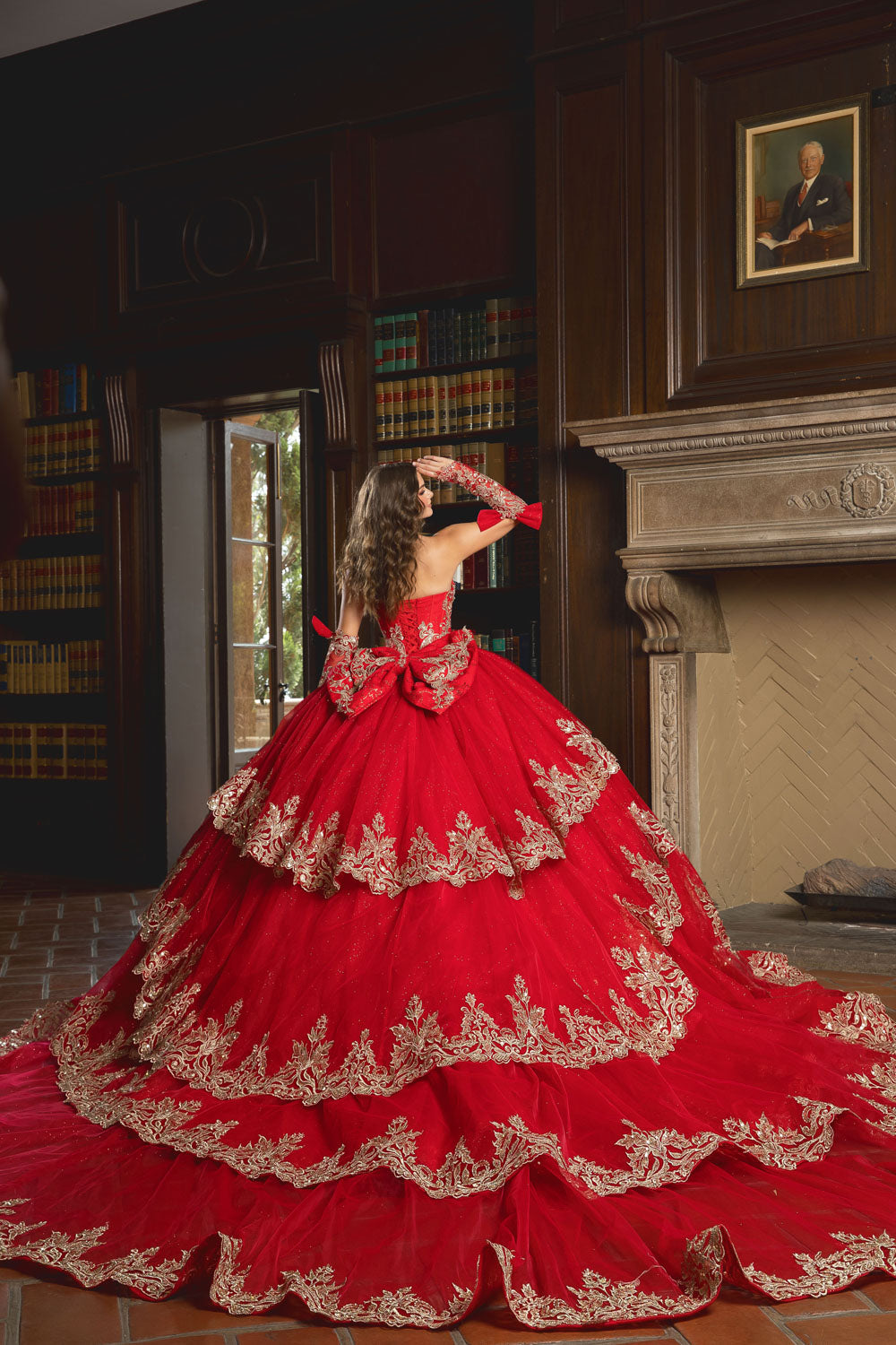 red and gold princess dress Red Lace Beaded Ball Gown quinceanera dress with cape with Long Wrap and Strapless Layered Tulle