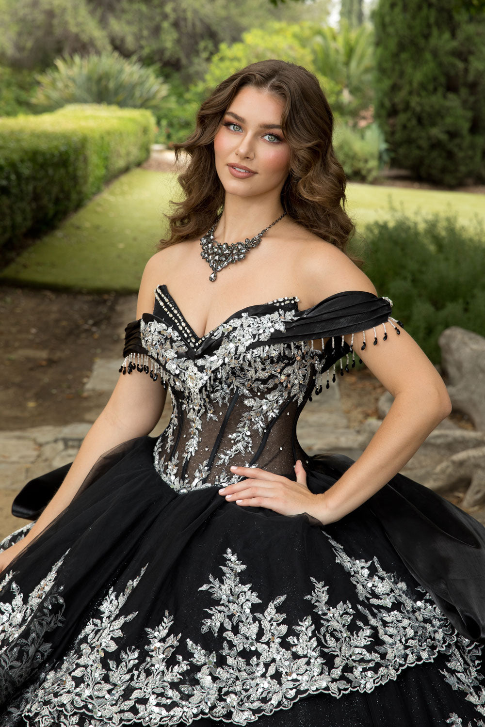 Off Shoulder Tiered Ball Gown by Petite Adele PQ1100 S / Black Off Shoulder Tiered Ball Gown by Petite Adele PQ1100 S / Black