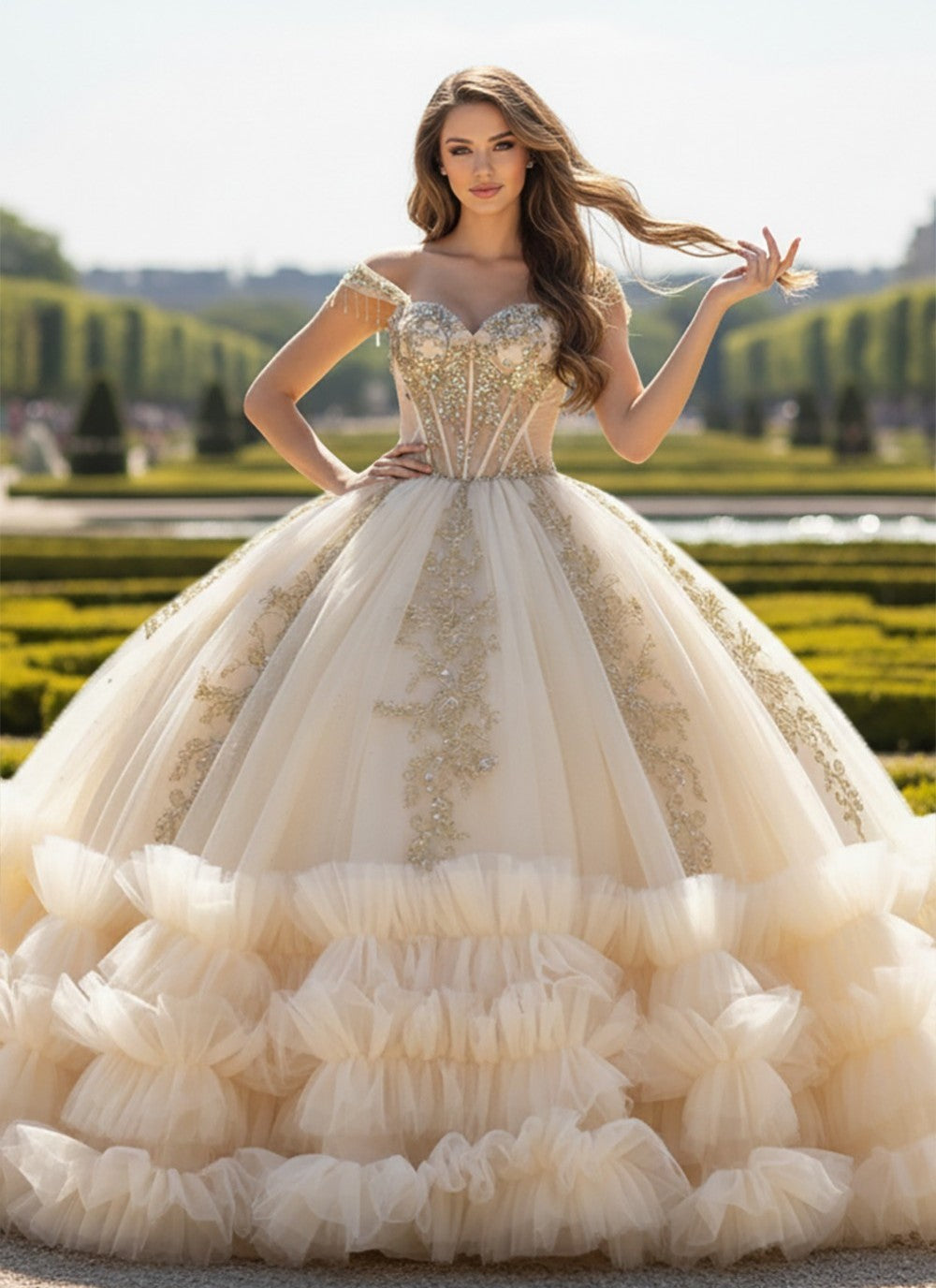 gold and white dresses for women Long A-Line Prom Dress with Sheer Embroidered Corset Off / 2XLarge For customized size A Line Gold Belt White