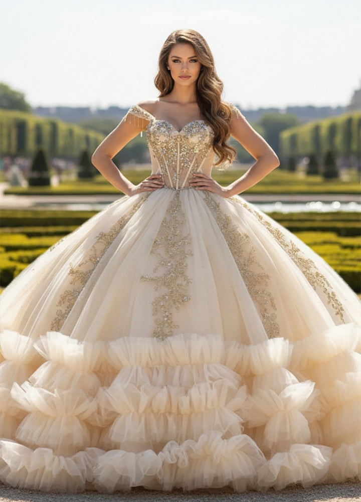 Off Shoulder Ruffled Ball Gown by Bella Princess PQ1107