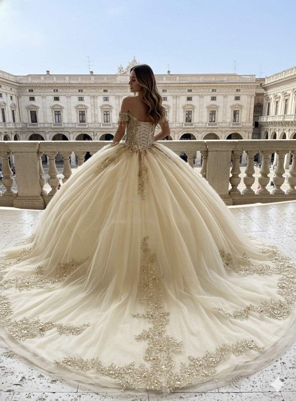 Applique Off Shoulder Ball Gown by Bella Princess PQ1108