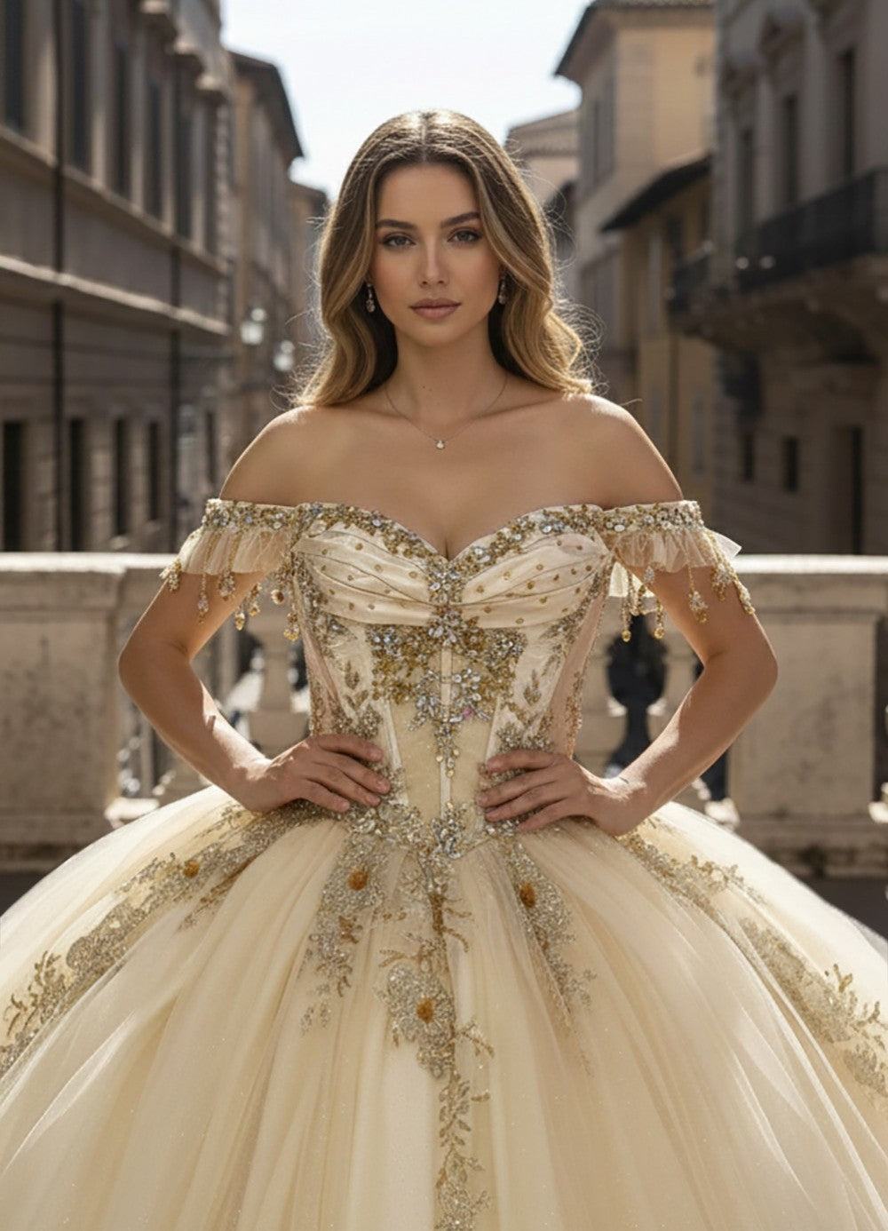 Applique Off Shoulder Ball Gown by Bella Princess PQ1108