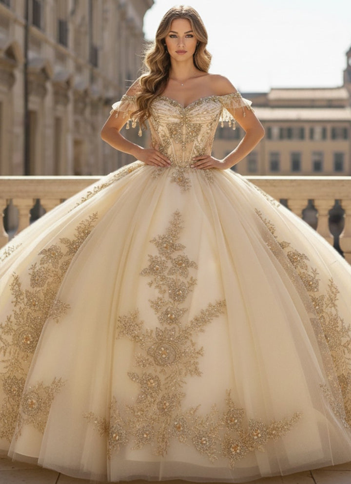 Applique Off Shoulder Ball Gown by Bella Princess PQ1108