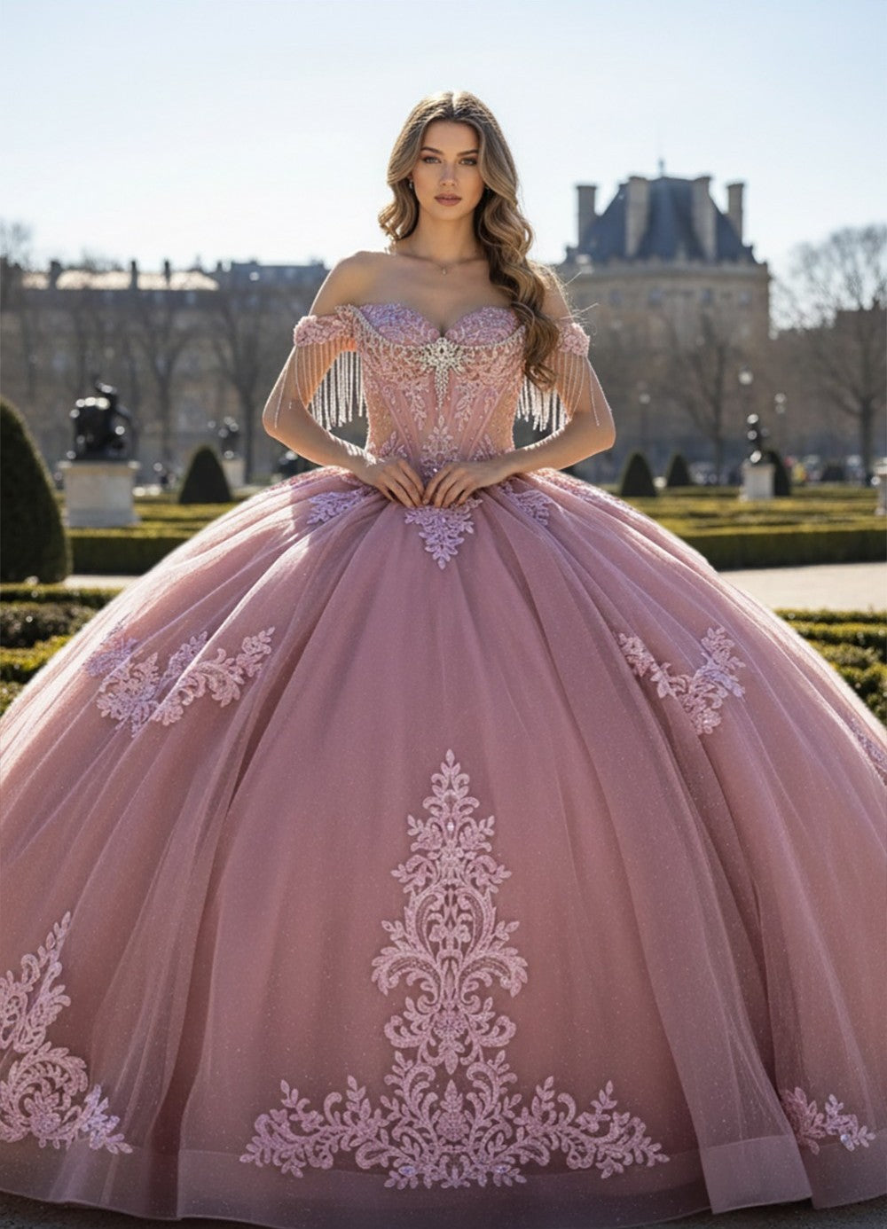 Off Shoulder Fringe Ball Gown by Bella Princess PQ1109