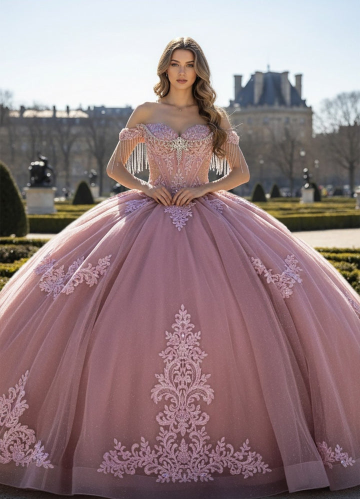 Off Shoulder Fringe Ball Gown by Bella Princess PQ1109