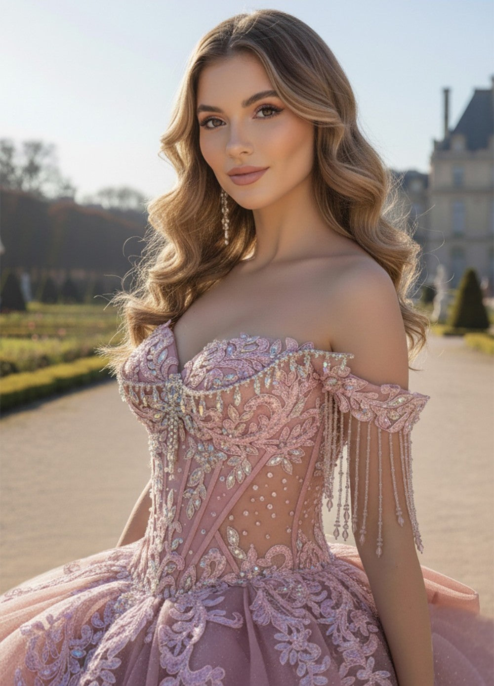 Off Shoulder Fringe Ball Gown by Bella Princess PQ1109
