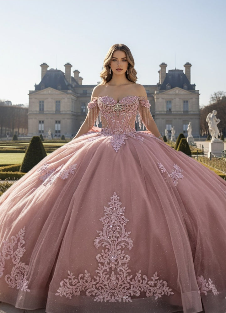 Off Shoulder Fringe Ball Gown by Bella Princess PQ1109
