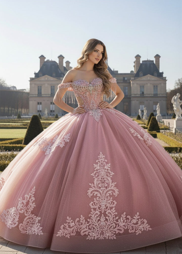 Off Shoulder Fringe Ball Gown by Bella Princess PQ1109