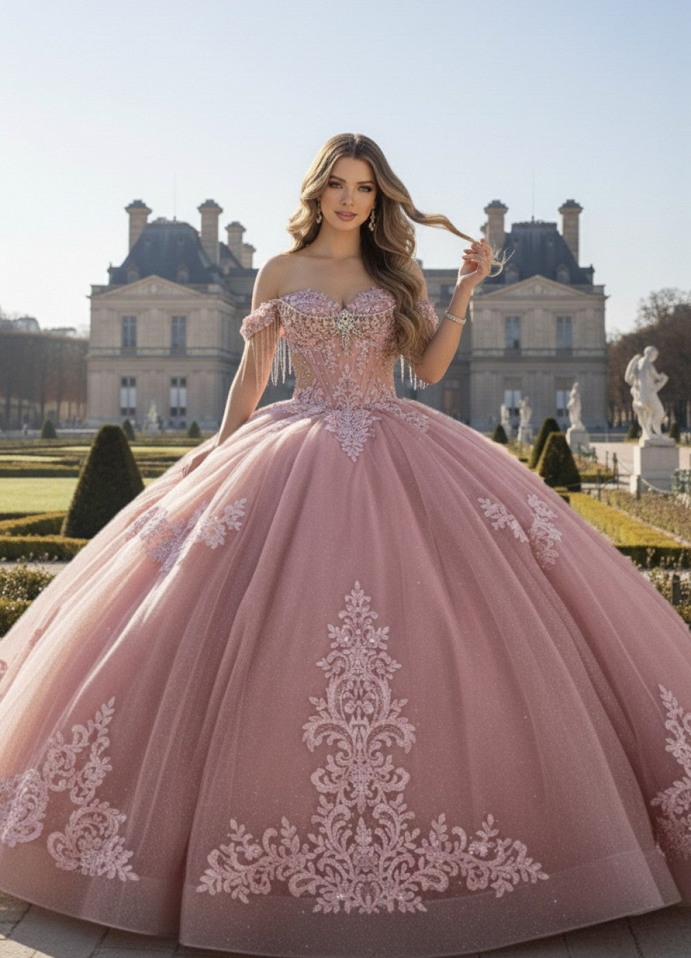 Off Shoulder Fringe Ball Gown by Bella Princess PQ1109
