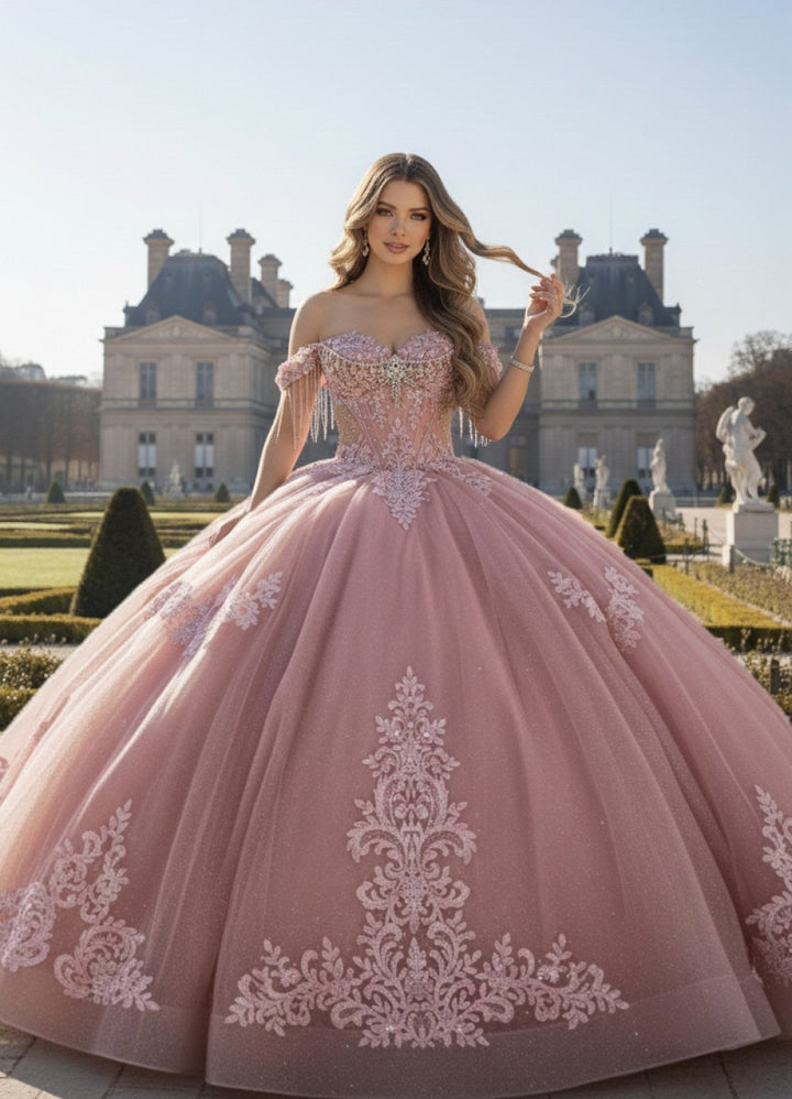Off Shoulder Fringe Ball Gown by Bella Princess PQ1109