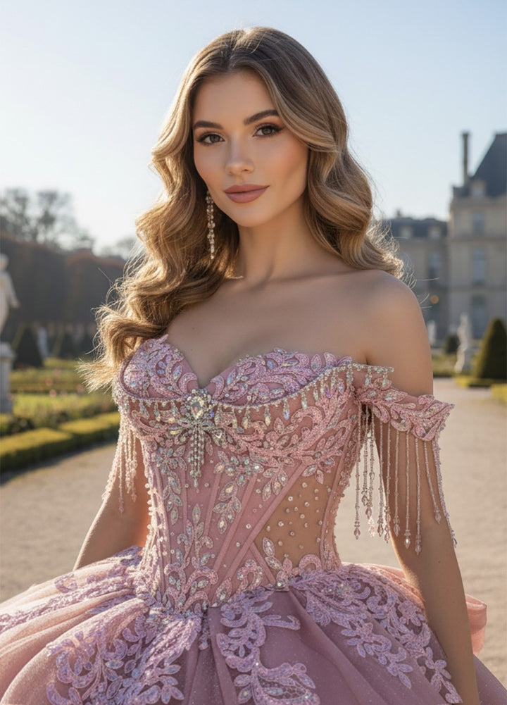 Off Shoulder Fringe Ball Gown by Bella Princess PQ1109