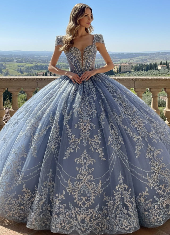 Beaded Cap Sleeve Ball Gown by Bella Princess PQ1110