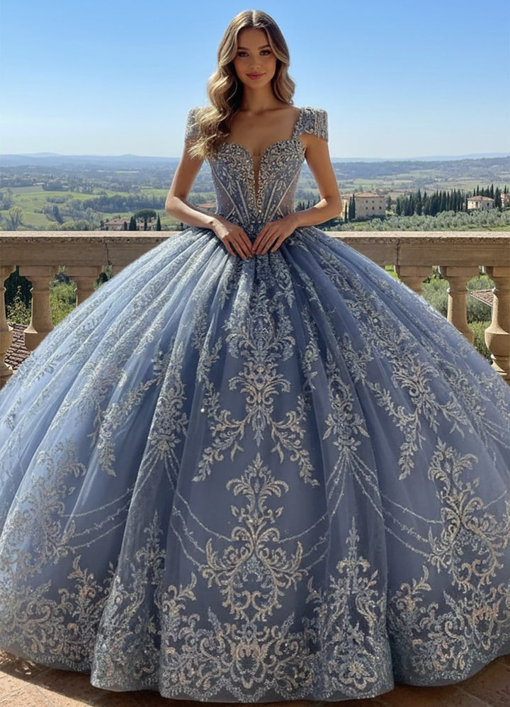 Beaded Cap Sleeve Ball Gown by Bella Princess PQ1110
