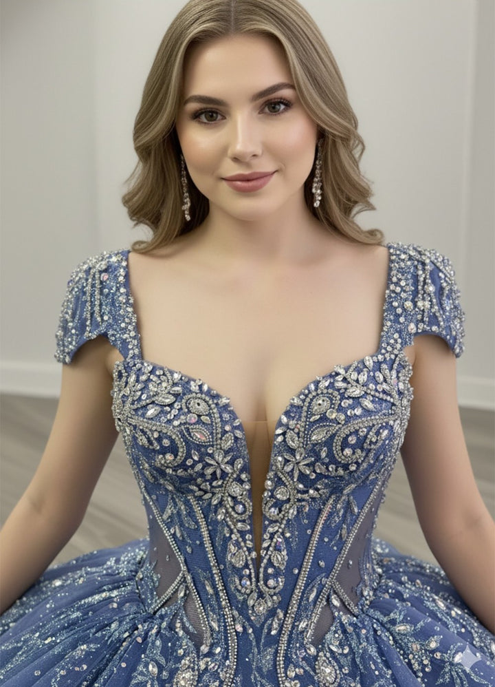 Beaded Cap Sleeve Ball Gown by Bella Princess PQ1110
