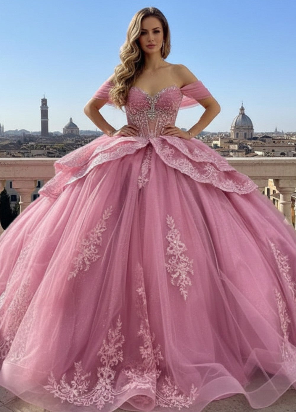 Applique Off Shoulder Ball Gown by Bella Princess PQ1111