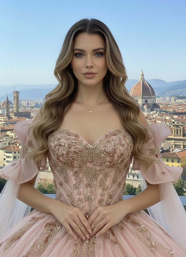Cape Sleeve Ball Gown by Bella Princess PQ1113