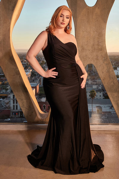 Plus Size Fitted One Shoulder Satin Gown by Ladivine PT004C