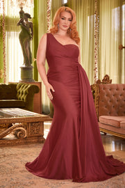 Plus Size Fitted One Shoulder Satin Gown by Ladivine PT004C