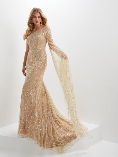 Fitted Sequin One Shoulder Sheer Slit Gown by Panoply 14121