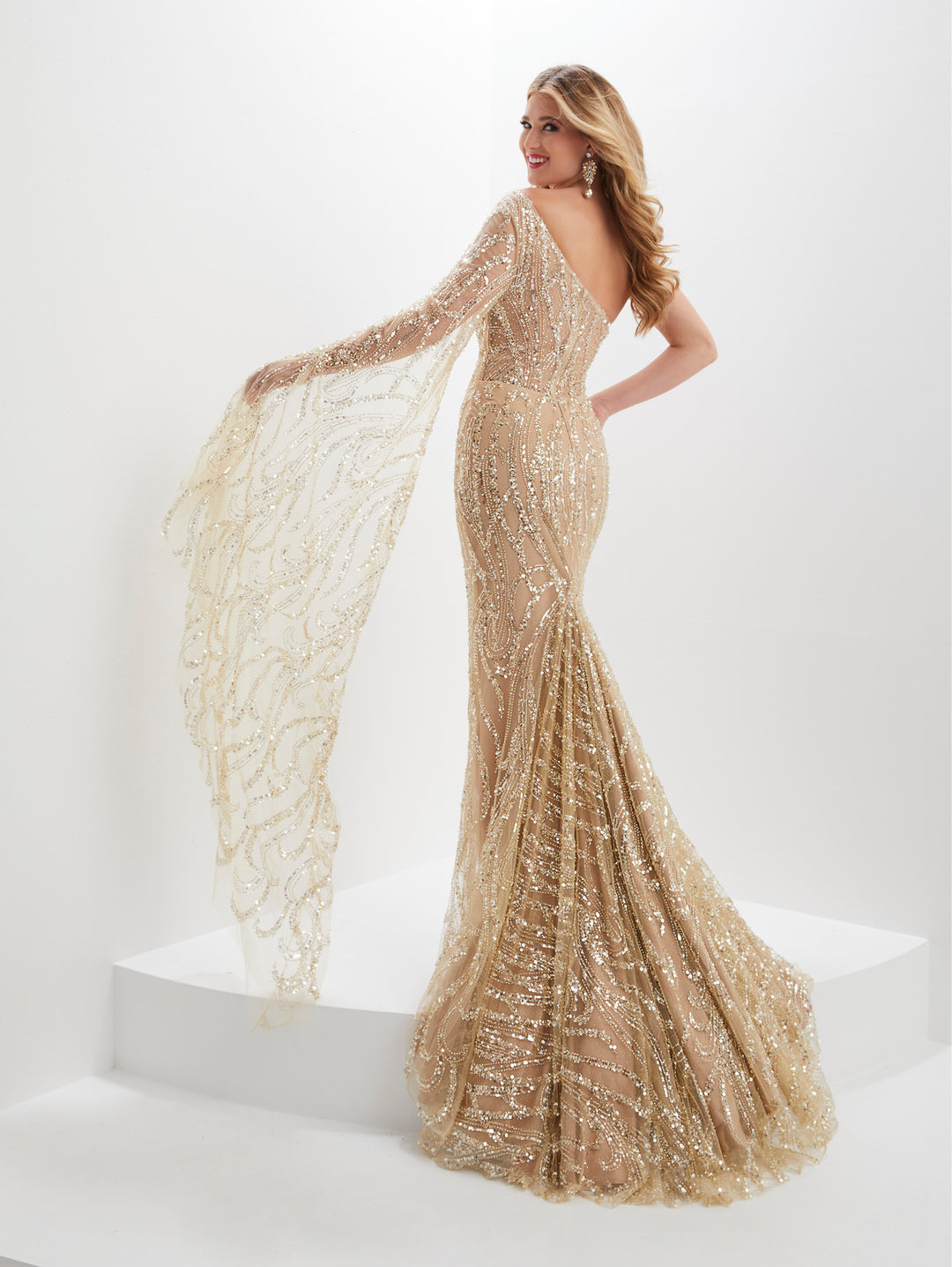 Fitted Sequin One Shoulder Sheer Slit Gown by Panoply 14121