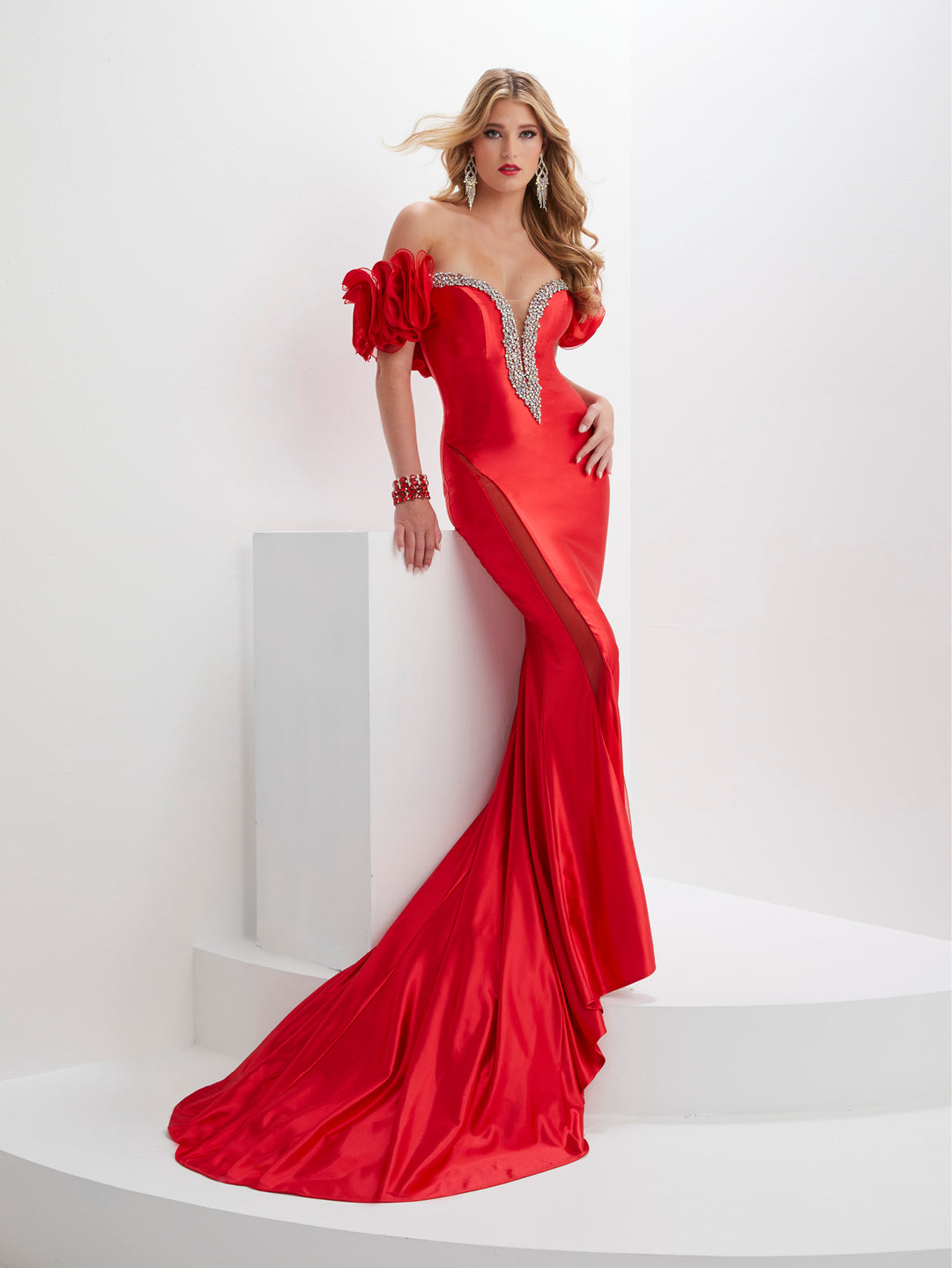 Beaded Satin Off Shoulder Mermaid Dress by Panoply 14126