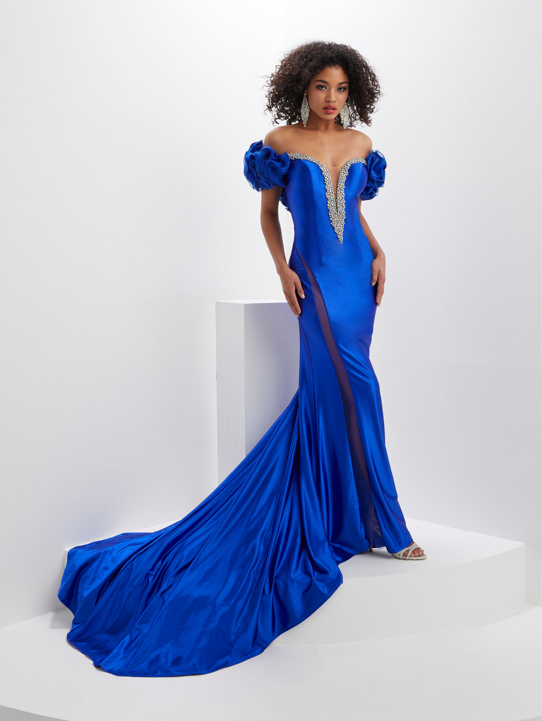 Beaded Satin Off Shoulder Mermaid Dress by Panoply 14126