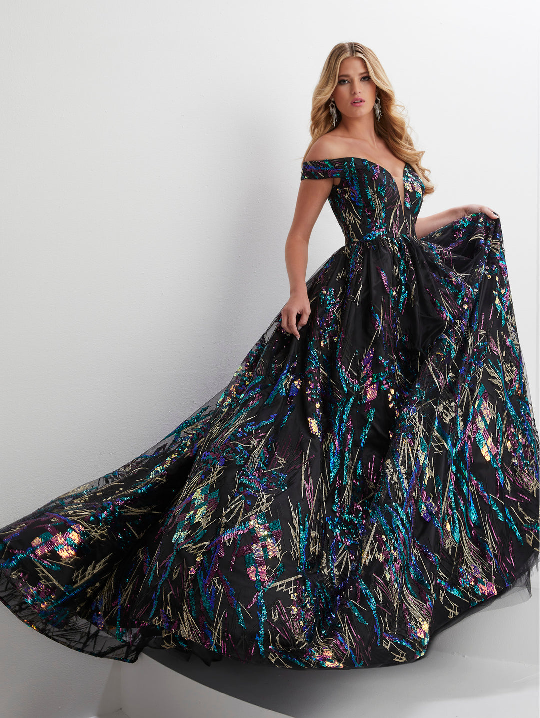 Sequin Print Off Shoulder A-line Gown by Panoply 14128