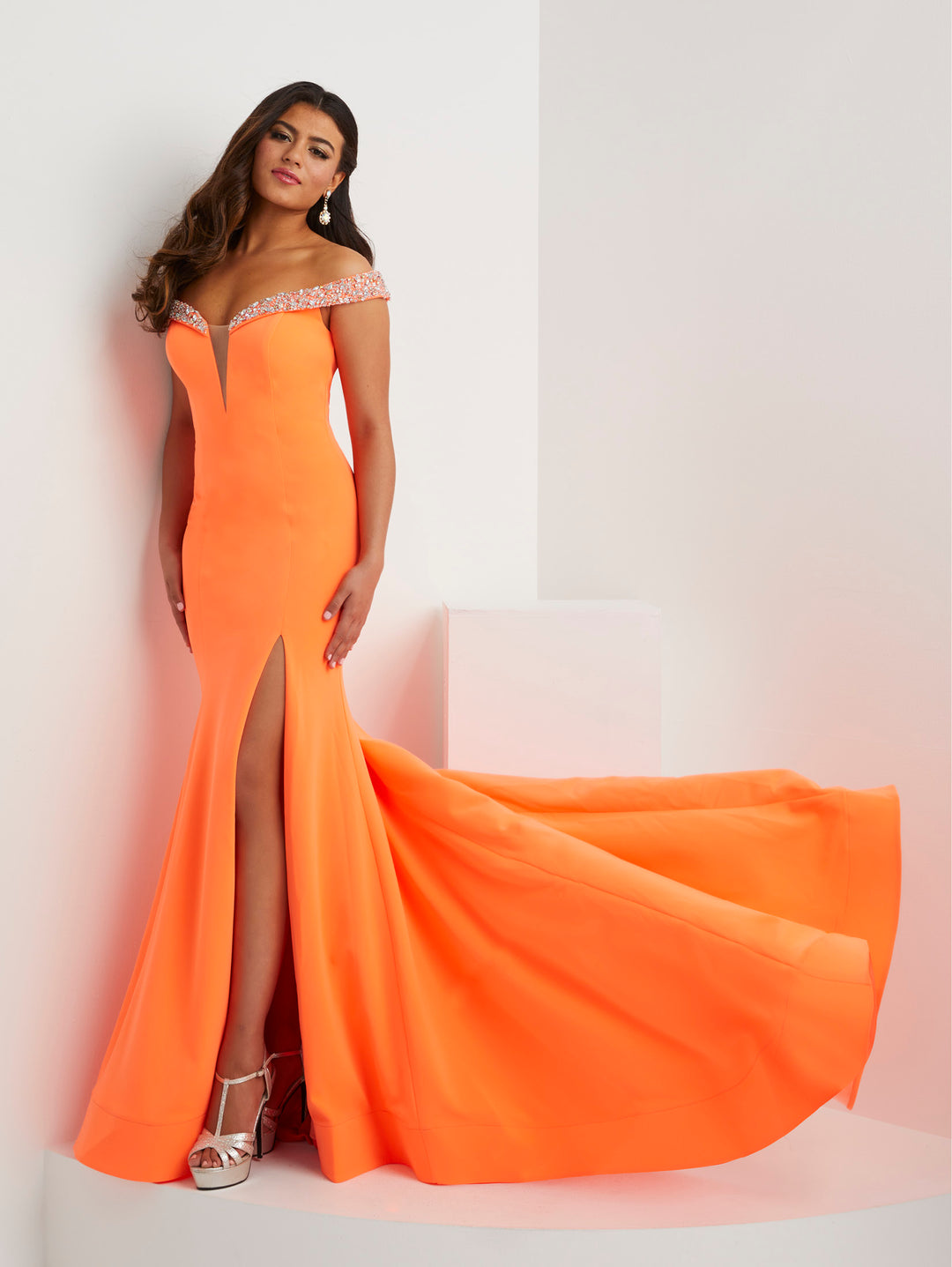 Beaded Jersey Off Shoulder Slit Gown by Panoply 14129