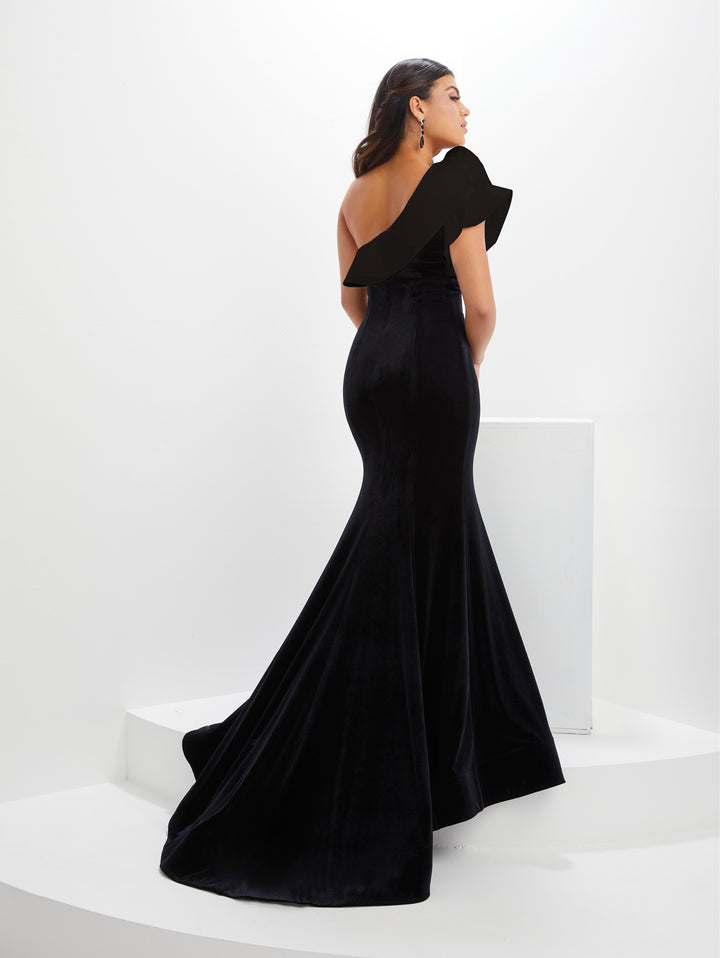 Ruffled Satin One Shoulder Slit Gown by Panoply 14130S