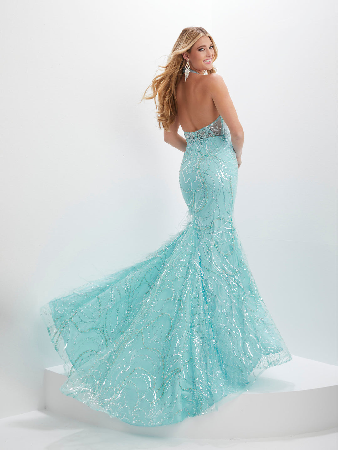 Sequin Sheer Halter Feather Slit Gown by Panoply 14144