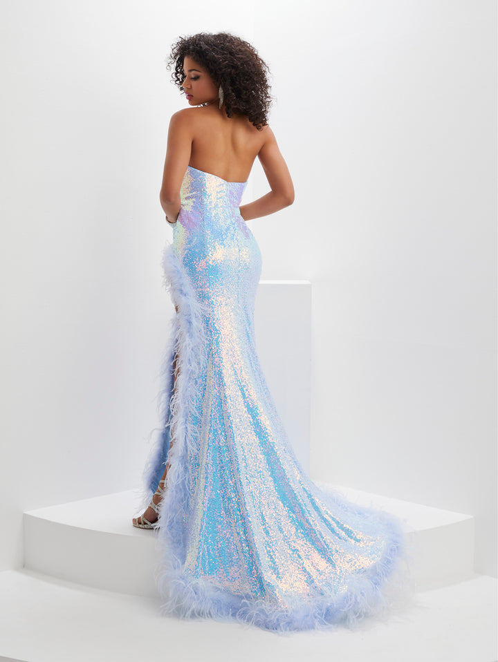 Sequin Strapless Feather Slit Gown by Panoply 14147