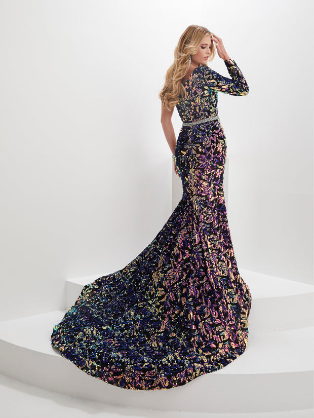 Sequin Print One Shoulder Slit Gown by Panoply 14148