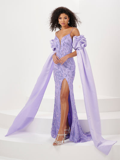 Fitted Sequin Print Puff Sleeve Slit Gown by Panoply 14155