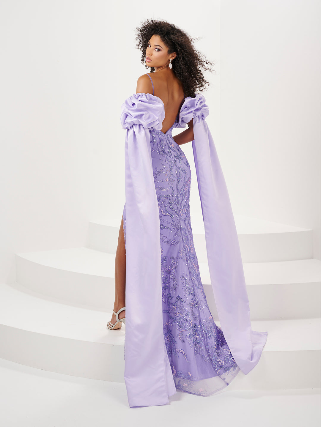 Fitted Sequin Print Puff Sleeve Slit Gown by Panoply 14155