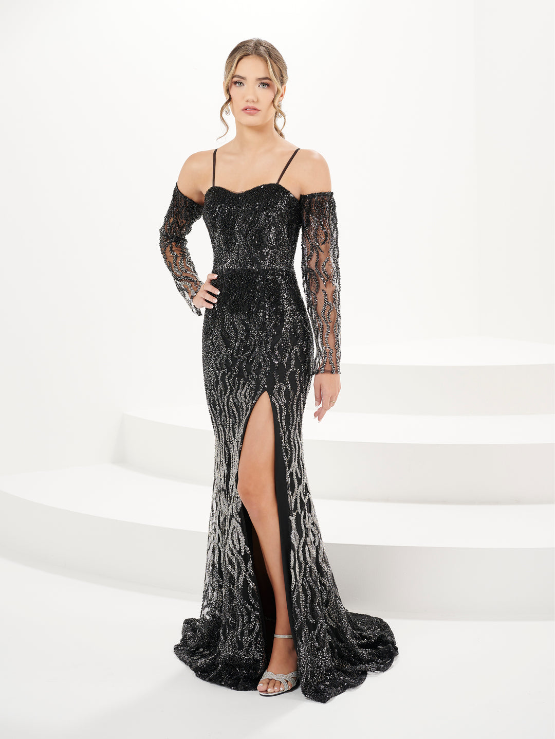 Fitted Sequin Long Sleeve Slit Gown by Panoply 14162