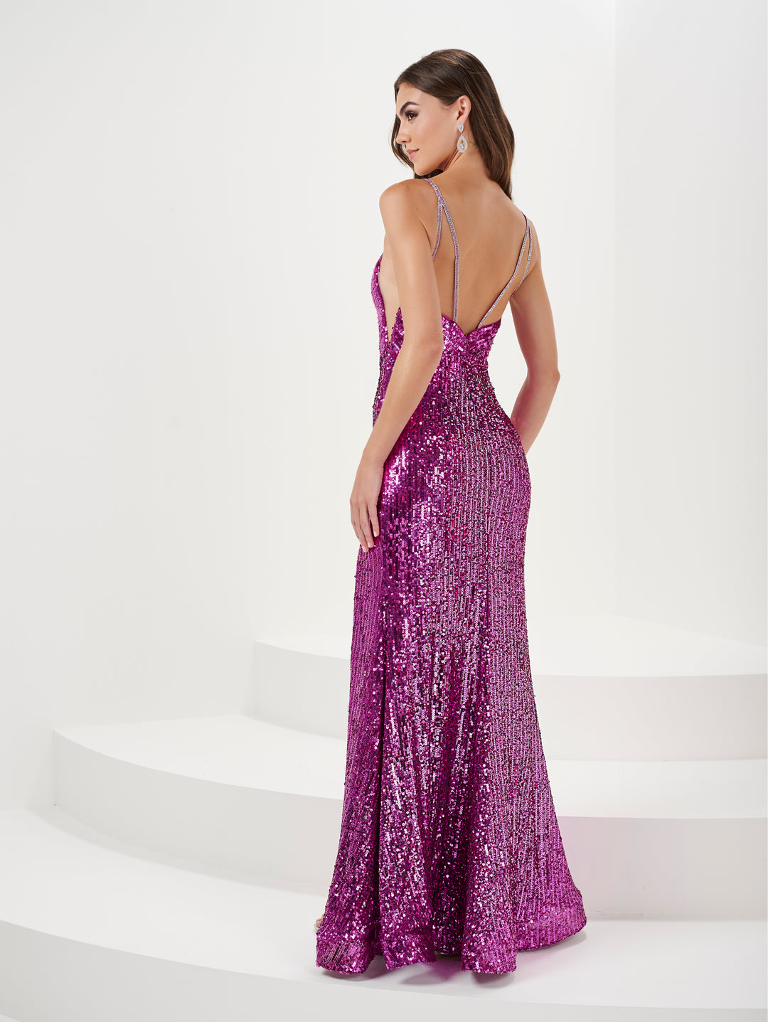 Fitted Linear Sequin V-Neck Slit Gown by Panoply 14171