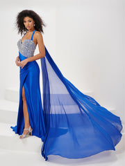 Beaded Spandex Halter Cape Slit Gown by Panoply 14175