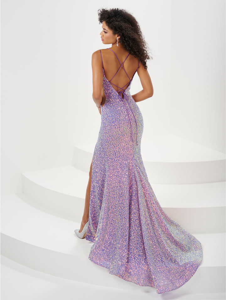 Fitted Sequin Sheer Deep V-Neck Slit Gown by Panoply 14178