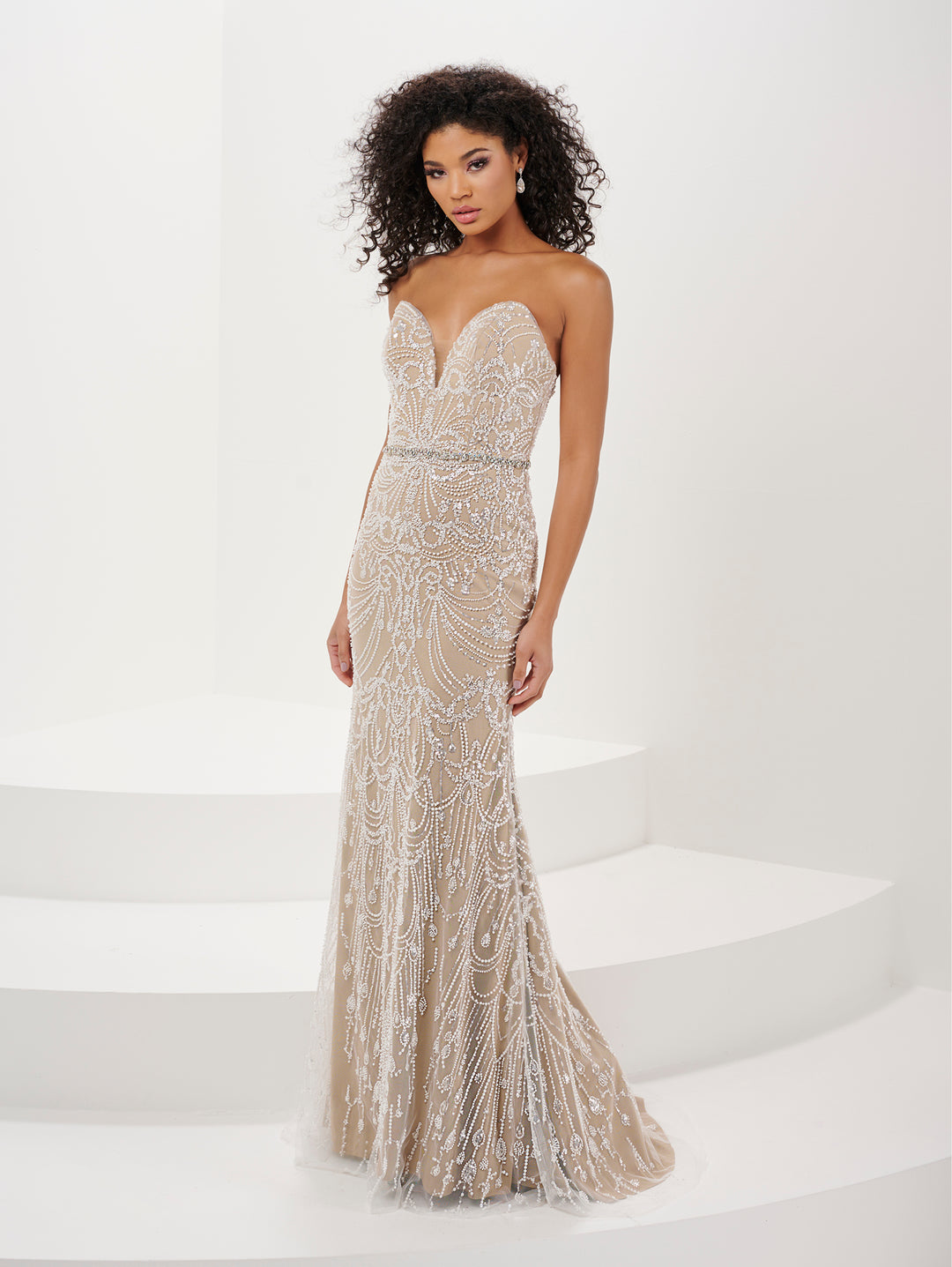 Fitted Beaded Tulle Strapless Cape Gown by Panoply 14189