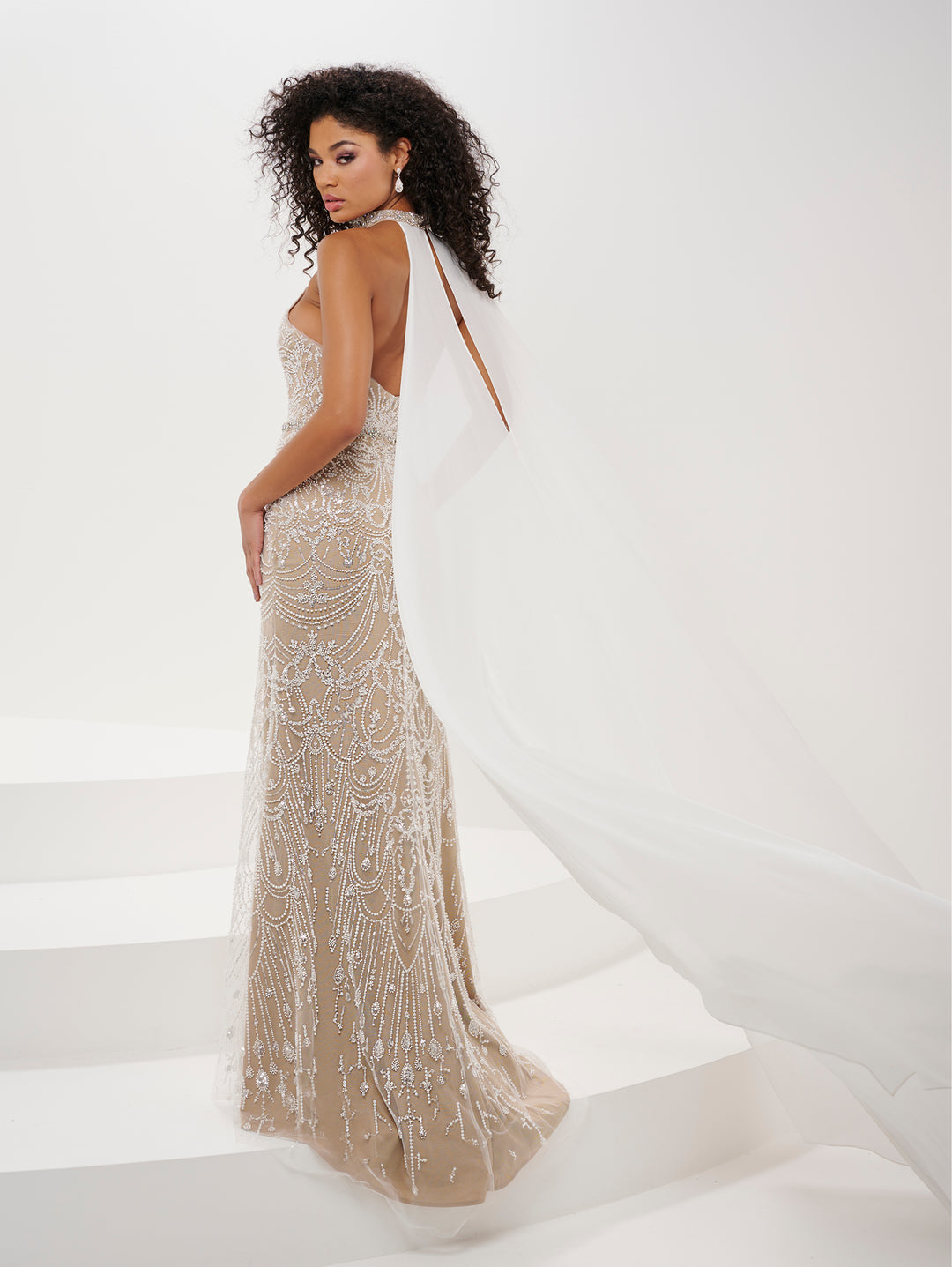 Fitted Beaded Tulle Strapless Cape Gown by Panoply 14189