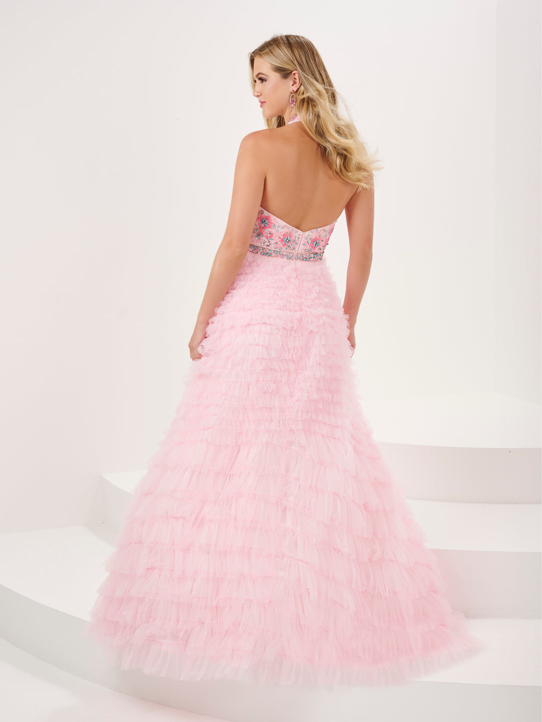 Ruffled Floral Beaded Halter A-line Gown by Panoply 14190