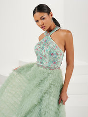 Ruffled Floral Beaded Halter A-line Gown by Panoply 14190