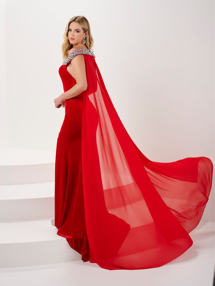 Fitted Beaded Velvet Off Shoulder Shawl Gown by Panoply 14195